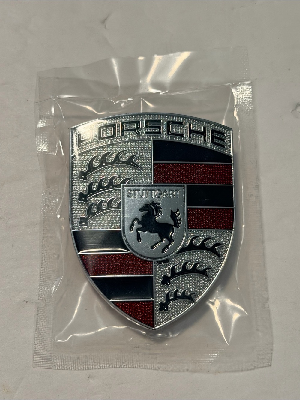 1 Pc Porsche Hood Aluminum Emblems Sticker size: 50mm x 66 mm Silver and Red